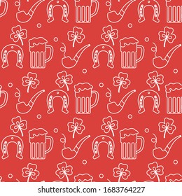 Seamless pattern with clover leaves, beer mug, horseshoe, smoking pipe. St. Patrick's Day. Holiday background. Irish vector pattern. 