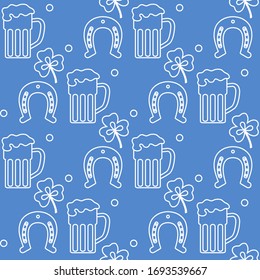 Seamless pattern with clover leaves, beer mug, horseshoe. St. Patrick's Day. Holiday background. Irish vector pattern. Design for banner, poster, textile, print.