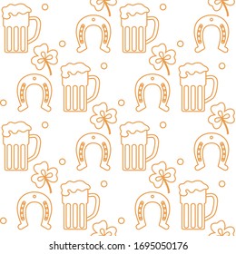 Seamless pattern with clover leaves, beer mug, horseshoe. St. Patrick's Day. Holiday background. Irish vector pattern. Design for banner, poster, textile, print.