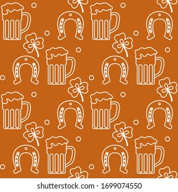 Seamless pattern with clover leaves, beer mug, horseshoe. St. Patrick's Day. Holiday background. Irish vector pattern. Design for banner, poster, textile, print.