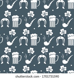 Seamless pattern with clover leaves, beer mug, horseshoe, smoking pipe. St. Patrick's Day. Holiday background. Irish vector pattern. Design for banner, poster, textile, print.