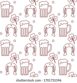 Seamless pattern with clover leaves, beer mug, horseshoe. St. Patrick's Day. Holiday background. Irish vector pattern. Design for banner, poster, textile, print.