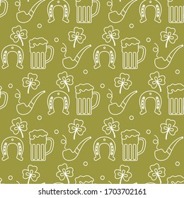 Seamless pattern with clover leaves, beer mug, horseshoe, smoking pipe. St. Patrick's Day. Holiday background. Irish vector pattern. Design for banner, poster, textile, print.