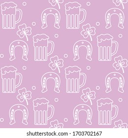 Seamless pattern with clover leaves, beer mug, horseshoe. St. Patrick's Day. Holiday background. Irish vector pattern. Design for banner, poster, textile, print.
