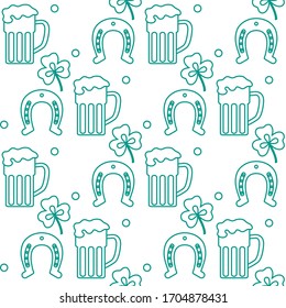 Seamless pattern with clover leaves, beer mug, horseshoe. St. Patrick's Day. Holiday background.