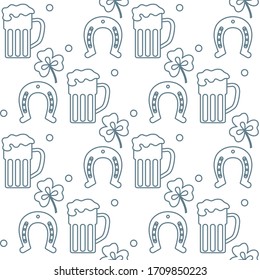 Seamless pattern with clover leaves, beer mug, horseshoe. St. Patrick's Day. Holiday background. Irish vector pattern. Design for banner, poster, textile, print.