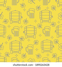 Seamless pattern with clover leaves, beer barrel, beer mug. St. Patrick's Day. Holiday background. Irish vector pattern. Design for banner, poster, textile, print. Illuminating and Ultimate Gray.