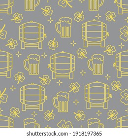 Seamless pattern with clover leaves, beer barrel, beer mug. St. Patrick's Day. Holiday background. Irish vector pattern. Design for banner, poster, textile, print. Illuminating and Ultimate Gray.