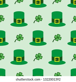 Seamless pattern with clover leaves and bowler hat. Simple vector illustration. Cartoon style