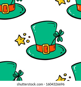 Seamless pattern with clover leaves and bowler hat. Simple vector illustration. Cartoon style.