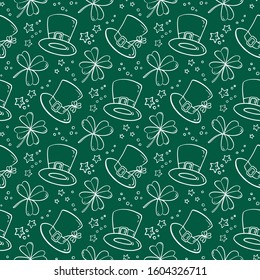 Seamless pattern with clover leaves and bowler hat. Simple vector illustration. Cartoon style.