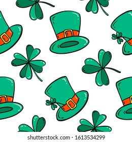 Seamless pattern with clover leaves and bowler hat. Simple vector illustration. Cartoon style.