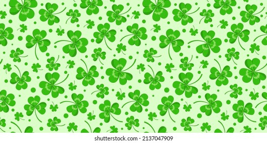 Seamless pattern with clover leaves and dots. Texture with shamrock with three leaves. Vector background for Saint Patrick day, traditional Irish holiday with flat green trefoils