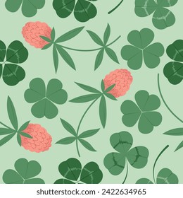 Seamless pattern with clover leaves and flowers, summer meadow . Hand drawn vector illustration
