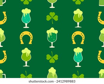 Seamless pattern with clover leaves, glasses of beer and horseshoe for St. Patrick's Day. Green mugs of beer with foam. Festive design for wallpaper, banner and cover. Vector illustration