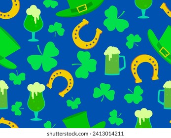 Seamless pattern with clover leaves, glasses of beer, leprechaun hat and horseshoes for St. Patrick's Day. Green mugs of beer with foam. Festive wallpaper, banner and cover design. Vector illustration