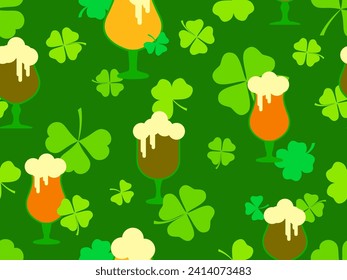 Seamless pattern with clover leaves and glasses of beer for St. Patrick's Day. Glasses of beer on a stem with foam. Festive design for wallpaper, banner and cover. Vector illustration