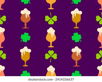 Seamless pattern with clover leaves and glasses of beer for St. Patrick's Day. Glasses of beer on a stem with foam. Festive design for wallpaper, banner and cover. Vector illustration