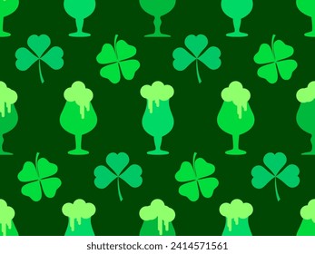 Seamless pattern with clover leaves and glasses of beer for St. Patrick's Day. Green glasses of beer on a stem with foam. Festive design for wallpaper, banner and cover. Vector illustration