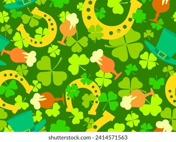 Seamless pattern with clover leaves, glasses of beer, leprechaun hat and horseshoes for St. Patrick's Day. Mugs of beer with foam. Festive wallpaper, banner and cover design. Vector illustration