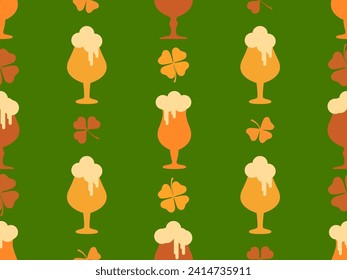 Seamless pattern with clover leaves and glasses of beer for St. Patrick's Day. Glasses of beer on a stem with foam. Festive design for wallpaper, banner and cover. Vector illustration