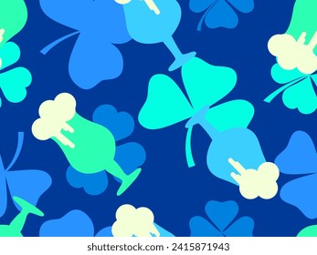 Seamless pattern with clover leaves and glasses of beer for St. Patrick's Day. Glasses of beer on a stem with foam. Festive design for wallpaper, banner and cover. Vector illustration