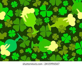 Nahtloses Muster mit Kleeblättern und Bierbrille zum St. Patrick's Day. Grüne Bierbrille auf einem Stamm mit Schaumstoff. Festliches Design für Tapete, Banner und Deckel. Vektorgrafik