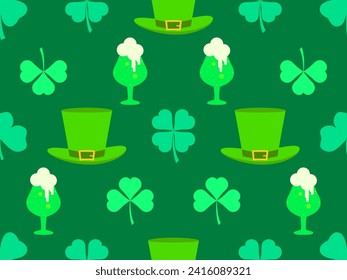 Seamless pattern with clover leaves, glasses of beer and leprechaun hat for St. Patrick's Day. Green mugs of beer with foam. Festive design for wallpaper, banner and cover. Vector illustration