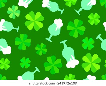 Seamless pattern with clover leaves and glasses of beer for St. Patrick's Day. Green glasses of beer on a stem with foam. Festive design for wallpaper, banner and cover. Vector illustration