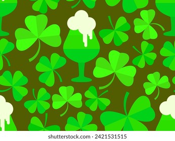 Seamless pattern with clover leaves and glasses of beer for St. Patrick's Day. Green glasses of beer on a stem with foam. Festive design for wallpaper, banner and cover. Vector illustration