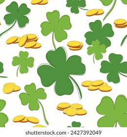 Patrón sin fisuras con hojas de trébol y monedas de oro. Ilustración vectorial. Diseño de plantilla para tela, papel de envoltura, tarjetas, fondo para el día de San Patricio