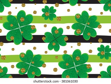 Seamless pattern with clover leaves, gold glitter textured circles on the striped background.