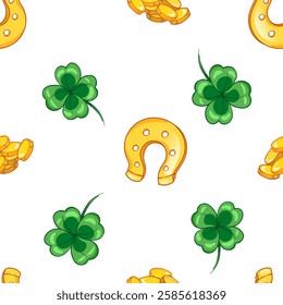 Seamless pattern with clover leaves, golden horseshoe. Seamless pattern for St. Patrick's Day. Vector illustration. Symbol of luck, wealth or success