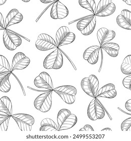 Seamless pattern with clover leaves. Hand drawn shamrock for background.