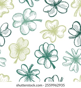 Seamless Pattern of Clover Leaves . Hand drawn botanical design for St. Patric Day. Modern print for textile, fabric, wallpaper, wrapping, scrapbook and packaging