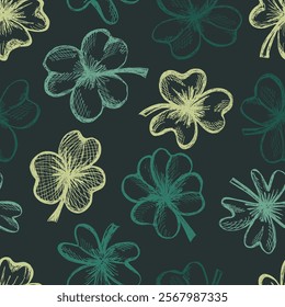 Seamless Pattern of Clover Leaves . Hand drawn botanical design for St. Patric Day. Modern print for textile, fabric, wallpaper, wrapping, scrapbook and packaging