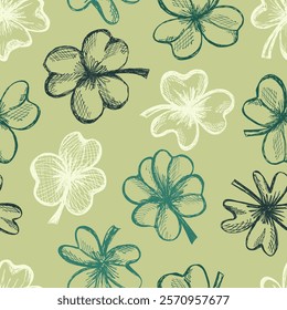 Seamless Pattern of Clover Leaves . Hand drawn botanical design for St. Patric Day. Modern print for textile, fabric, wallpaper, wrapping, scrapbook and packaging