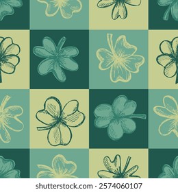 Сheckered Seamless Pattern with Clover Leaves. Hand drawn botanical design. Modern print for textile, fabric, wallpaper, wrapping, scrapbook and packaging