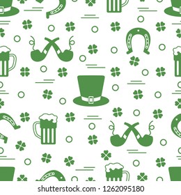 Seamless pattern with clover leaves, horseshoe, beer mug, hat, smoking pipe. St. Patrick's Day. Holiday background. Irish vector pattern. Design for banner, poster, textile, print.