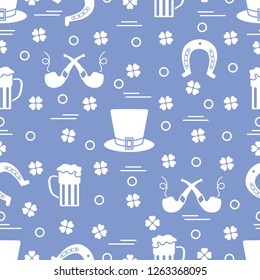 Seamless pattern with clover leaves, horseshoe, beer mug, hat, smoking pipe. St. Patrick's Day. Holiday background. Irish vector pattern. Design for banner, poster, textile, print.