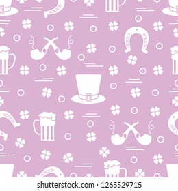 Seamless pattern with clover leaves, horseshoe, beer mug, hat, smoking pipe. St. Patrick's Day. Holiday background. Irish vector pattern. Design for banner, poster, textile, print.
