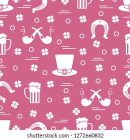 Seamless pattern with clover leaves, horseshoe, beer mug, hat, smoking pipe. St. Patrick's Day. Holiday background. Irish vector pattern. Design for banner, poster, textile, print.