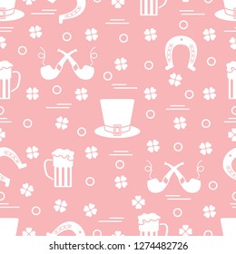 Seamless pattern with clover leaves, horseshoe, beer mug, hat, smoking pipe. St. Patrick's Day. Holiday background. Irish vector pattern. Design for banner, poster, textile, print.