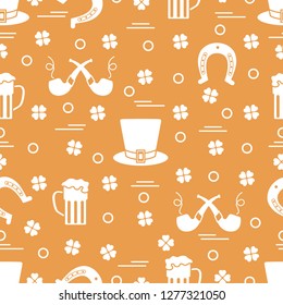 Seamless pattern with clover leaves, horseshoe, beer mug, hat, smoking pipe. St. Patrick's Day. Holiday background. Irish vector pattern. Design for banner, poster, textile, print.