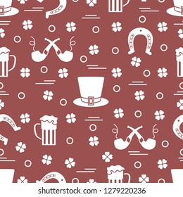 Seamless pattern with clover leaves, horseshoe, beer mug, hat, smoking pipe. St. Patrick's Day. Holiday background. Irish vector pattern. Design for banner, poster, textile, print.