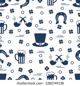 Seamless pattern with clover leaves, horseshoe, beer mug, hat, smoking pipe. St. Patrick's Day. Holiday background. Irish vector pattern. Design for banner, poster, textile, print.