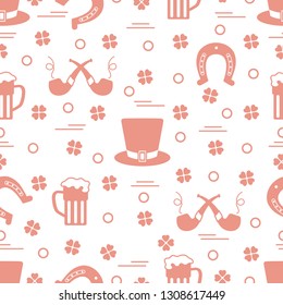 Seamless pattern with clover leaves, horseshoe, beer mug, hat, smoking pipe. St. Patrick's Day. Holiday background. Irish vector pattern. Design for banner, poster, textile, print.