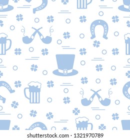 Seamless pattern with clover leaves, horseshoe, beer mug, hat, smoking pipe. St. Patrick's Day. Holiday background. Irish vector pattern. Design for banner, poster, textile, print.
