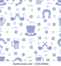 Seamless pattern with clover leaves, horseshoe, beer mug, hat, smoking pipe. St. Patrick's Day. Holiday background. Irish vector pattern. Design for banner, poster, textile, print.