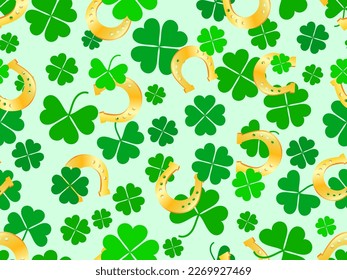 Seamless pattern with clover leaves and horseshoes for St. Patrick's Day. Clover leaves and a horseshoe are a traditional symbol of good luck and happiness. Vector illustration